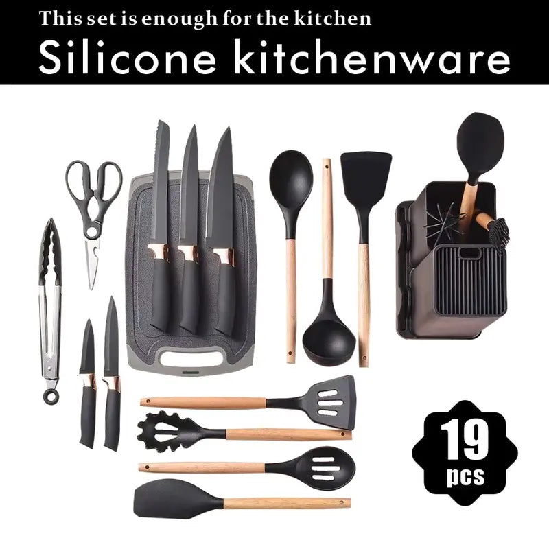 19-Piece Heat-Resistant Silicone & Wood Handle Utensil Set – Non-Stick Friendly Kitchen Tool Collection for Cooking, Baking & Serving – Essential Home Kitchenware