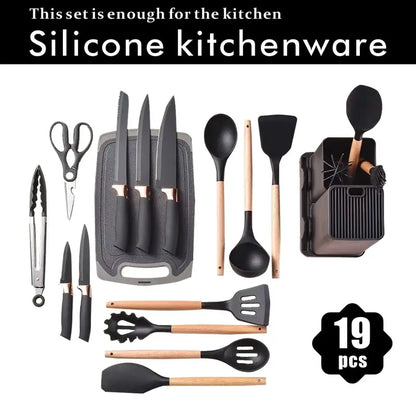 19-Piece Heat-Resistant Silicone & Wood Handle Utensil Set – Non-Stick Friendly Kitchen Tool Collection for Cooking, Baking & Serving – Essential Home Kitchenware