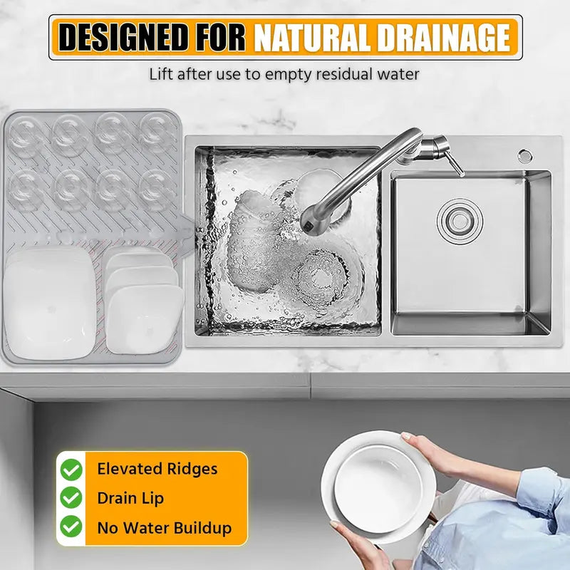 Large Silicone Dish Drying Mat – Built-in Drain Lip for Sink-Side Drainage – Heat-Resistant & Non-Slip Kitchen Countertop Organizer for Dishes