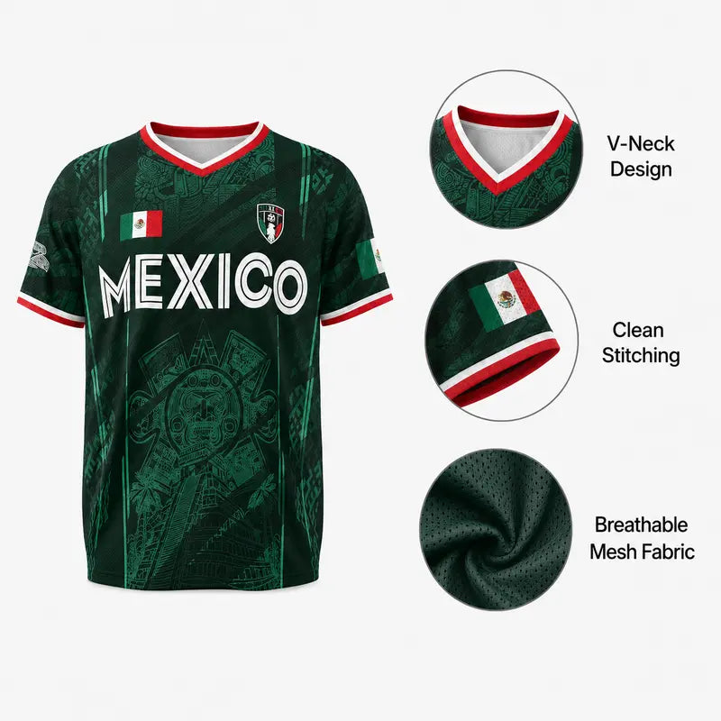 2026 Mexico Soccer Jersey – Chichén Itzá Pyramid Graphic Retro Top – All-Over Print Casual Sportswear for All Seasons
