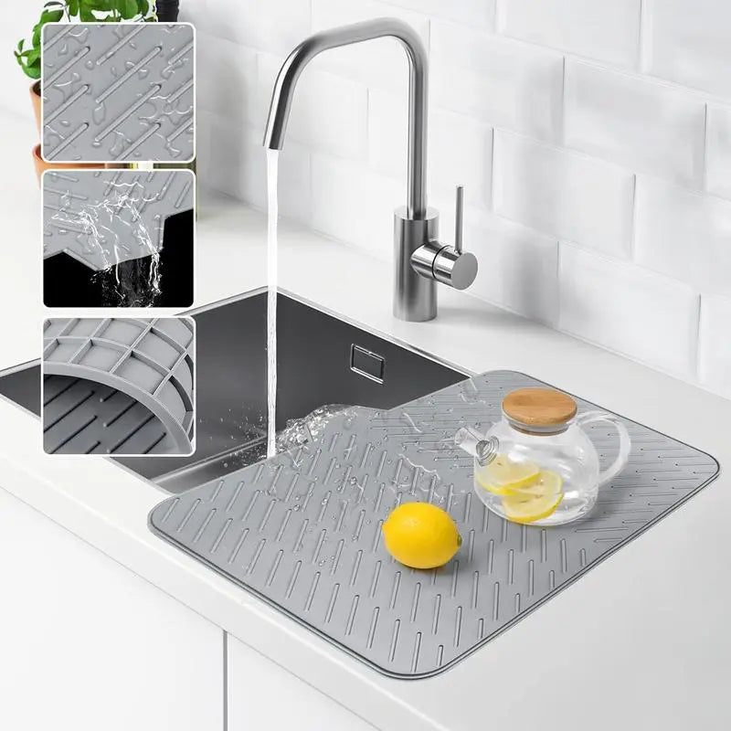 Large Silicone Dish Drying Mat – Built-in Drain Lip for Sink-Side Drainage – Heat-Resistant & Non-Slip Kitchen Countertop Organizer for Dishes