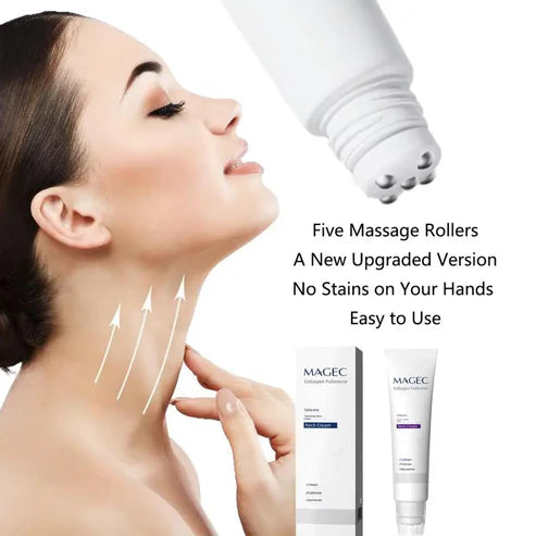MAGEC Collagen Fullerene Tightening Neck Cream – 5-Roller Applicator, Hyaluronic Acid, Retinol & Niacinamide | Firms, Brightens & Reduces Wrinkles
