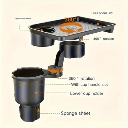 Multi-Functional Car Console Organizer – Extendable Dining Tray, Storage Trays & Extended Cup Holders for Front & Rear Seats – No Power Required