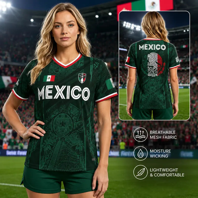 2026 Mexico Soccer Jersey – Chichén Itzá Pyramid Graphic Retro Top – All-Over Print Casual Sportswear for All Seasons