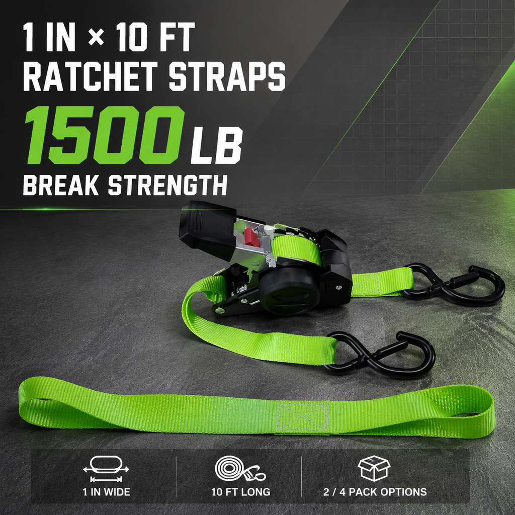 Ratchet Tie-Down Straps – 1" x 10 ft, 1500 LB Break Strength (Green)