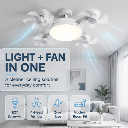 E27 Multi-Head Ceiling Fan Light – Powerful Silent Cooling Lamp for Home Spaces