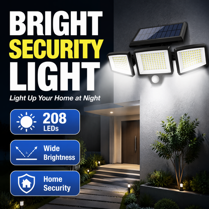 208-LED Solar Security Light – Triple-Head Motion-Sensor Outdoor Wall Lamp with Remote