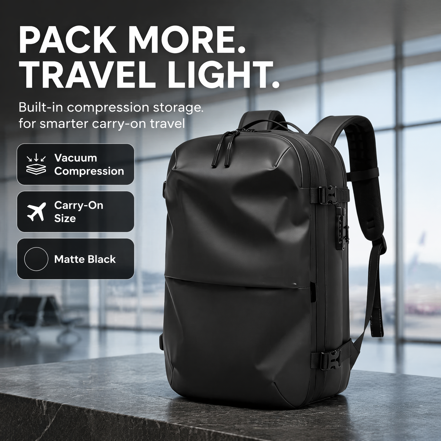 AIRTRAVIA Air Original Travel Backpack | Waterproof Cabin-Approved Carry-On with Built-In Vacuum Compression & TSA Lock | Expandable Matte Black