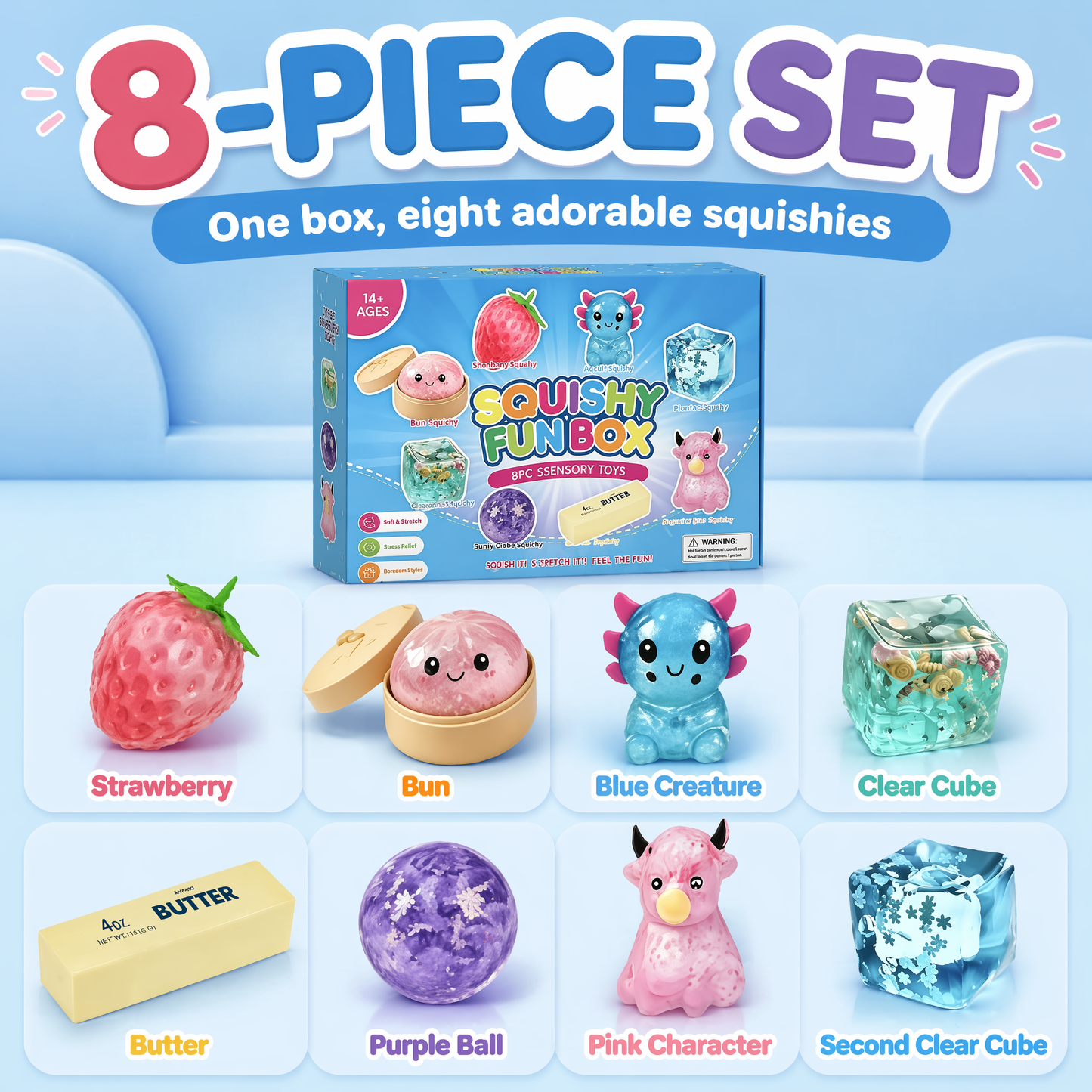 8-Piece Sensory Squishy Toy Gift Set – Soft & Stretchy Stress Relief Fidget Toys