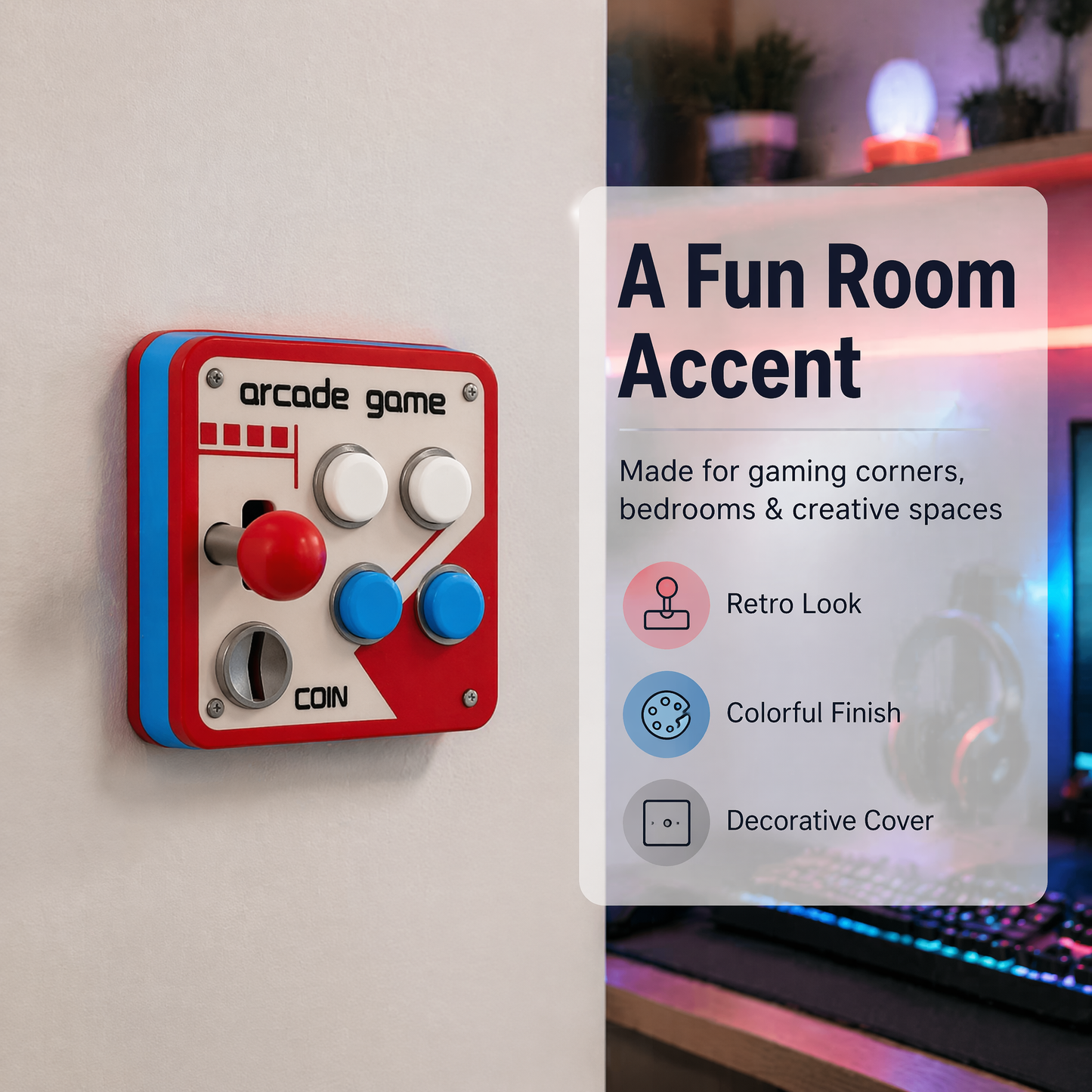 Retro Arcade Game Light Switch Panel Cover – Decorative Gamer Wall Plate for Game Rooms, Bedrooms & Man Caves – Nostalgic Arcade Joystick Design