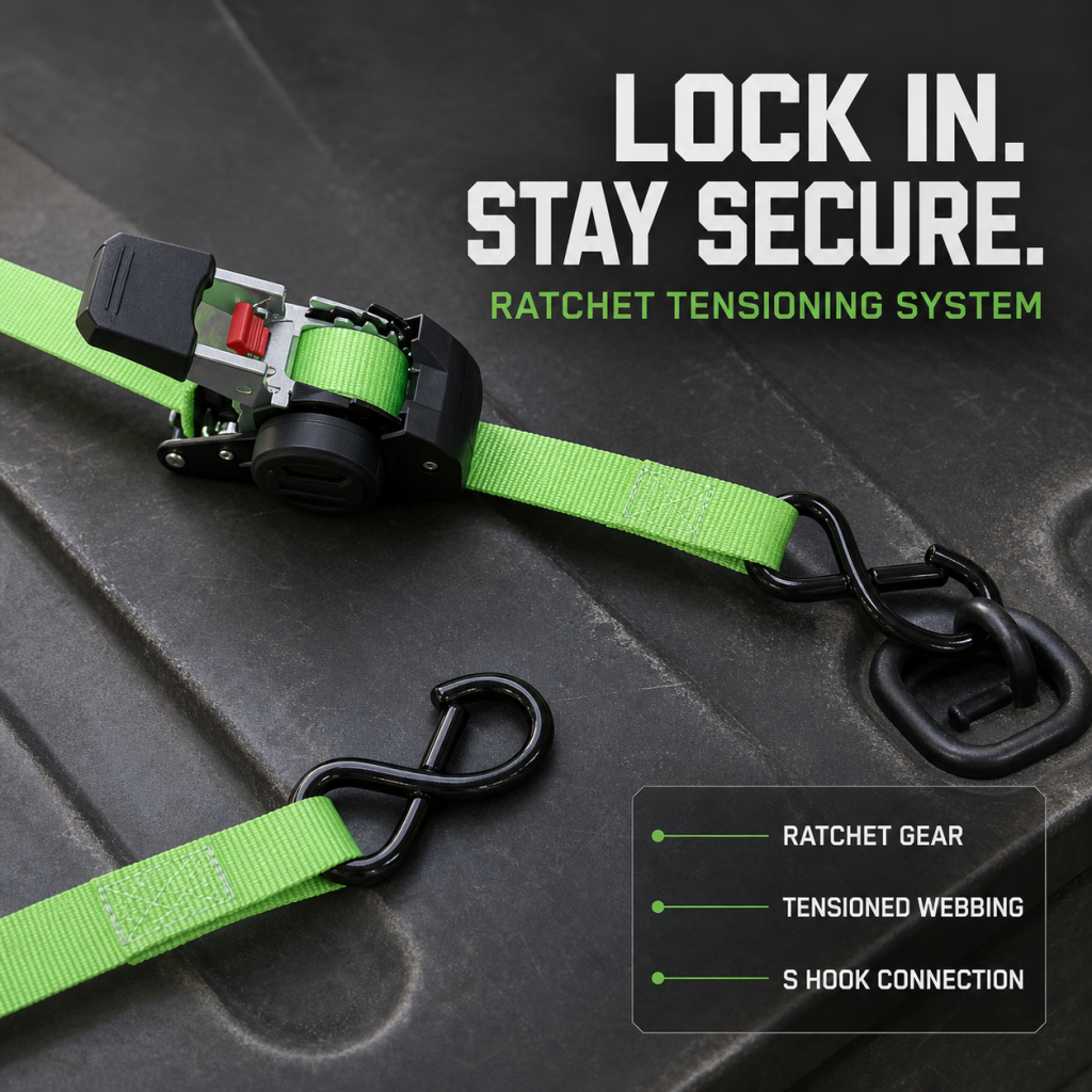 Ratchet Tie-Down Straps – 1" x 10 ft, 1500 LB Break Strength (Green)