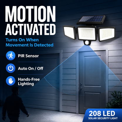 208-LED Solar Security Light – Triple-Head Motion-Sensor Outdoor Wall Lamp with Remote