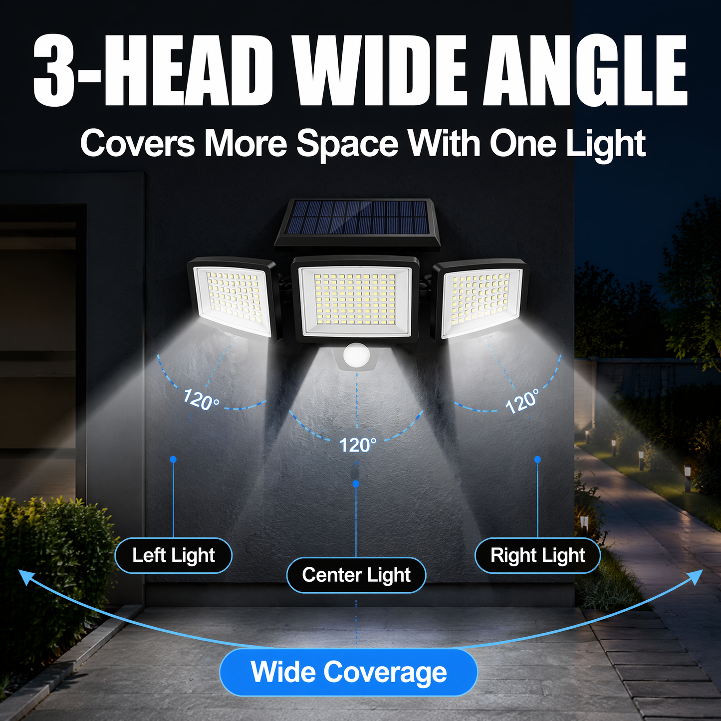 208-LED Solar Security Light – Triple-Head Motion-Sensor Outdoor Wall Lamp with Remote