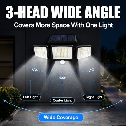 208-LED Solar Security Light – Triple-Head Motion-Sensor Outdoor Wall Lamp with Remote