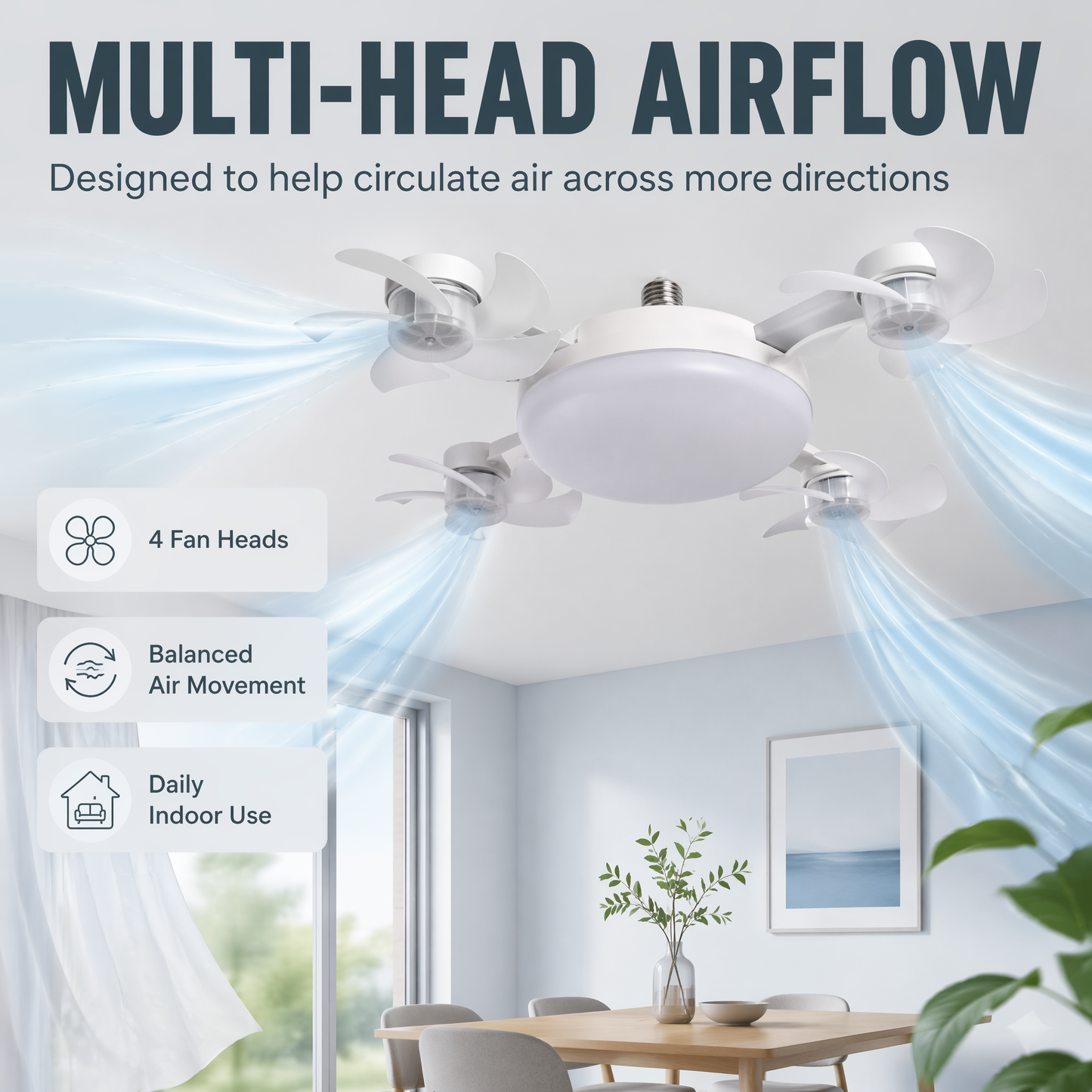 E27 Multi-Head Ceiling Fan Light – Powerful Silent Cooling Lamp for Home Spaces