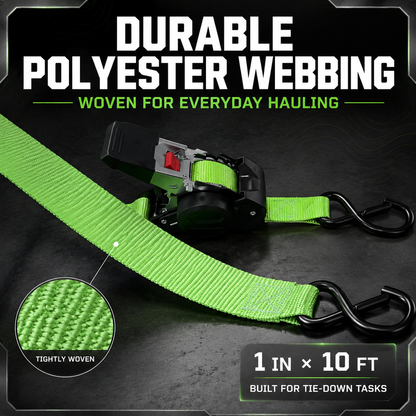 Ratchet Tie-Down Straps – 1" x 10 ft, 1500 LB Break Strength (Green)