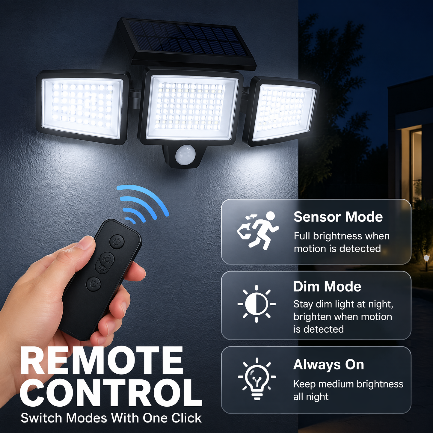 208-LED Solar Security Light – Triple-Head Motion-Sensor Outdoor Wall Lamp with Remote