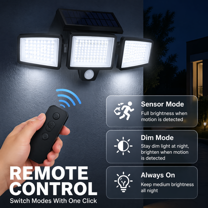 208-LED Solar Security Light – Triple-Head Motion-Sensor Outdoor Wall Lamp with Remote