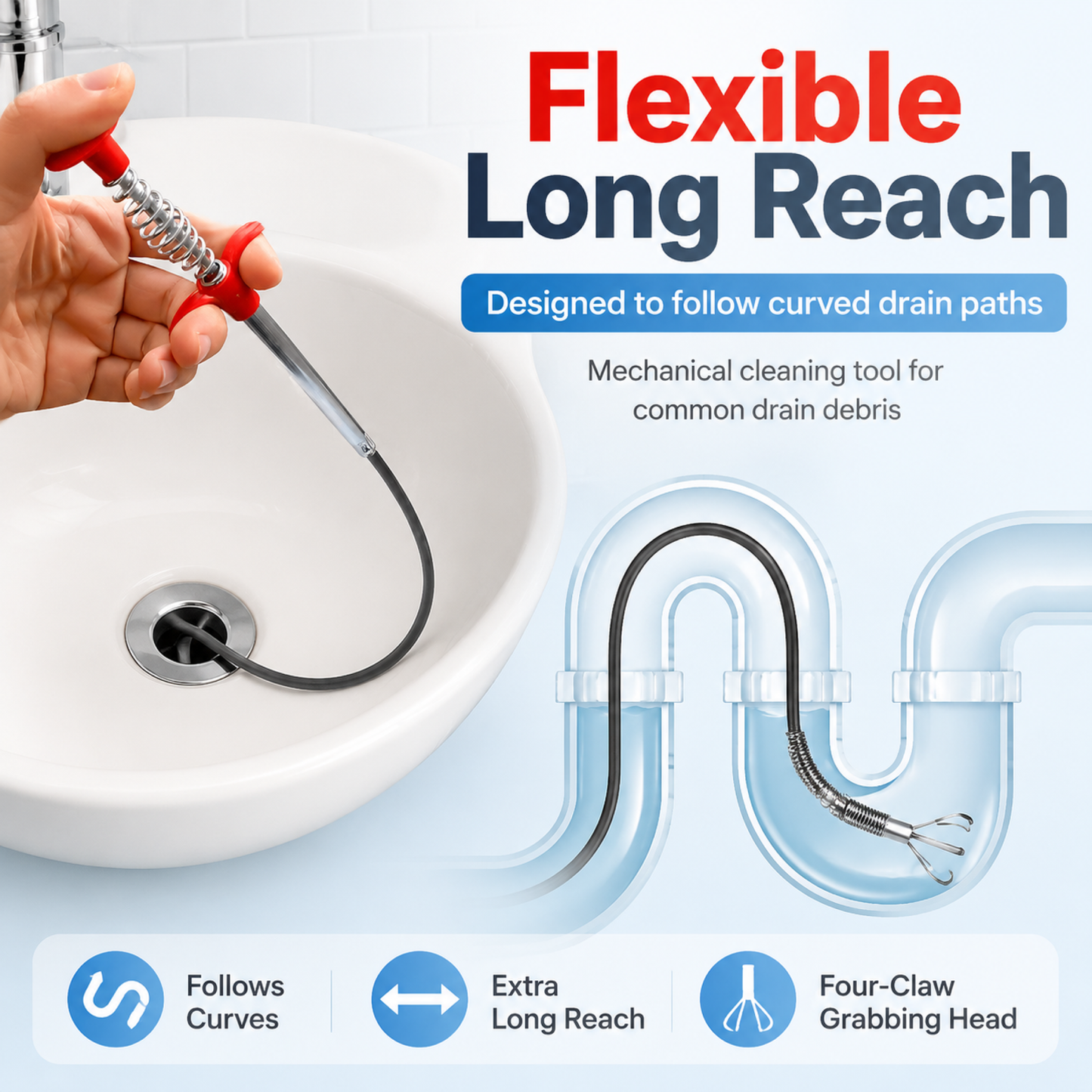 Four-Claw Flexible Drain Extractor – Precision Pipe Cleaning Tool & Claw Picker for Bathroom Sink, Shower & Kitchen Clogs – Easy-to-Use Home Maintenance Accessory