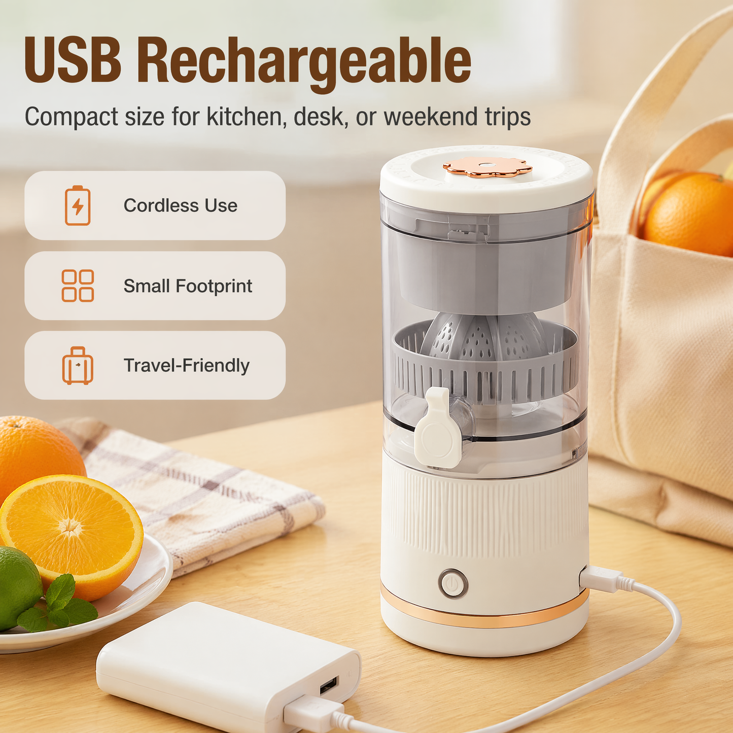 Luxe Portable Electric Citrus Juicer – One-Touch Wireless Automatic Orange Squeezer