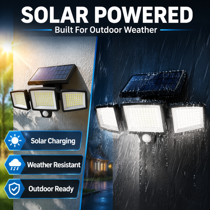 208-LED Solar Security Light – Triple-Head Motion-Sensor Outdoor Wall Lamp with Remote