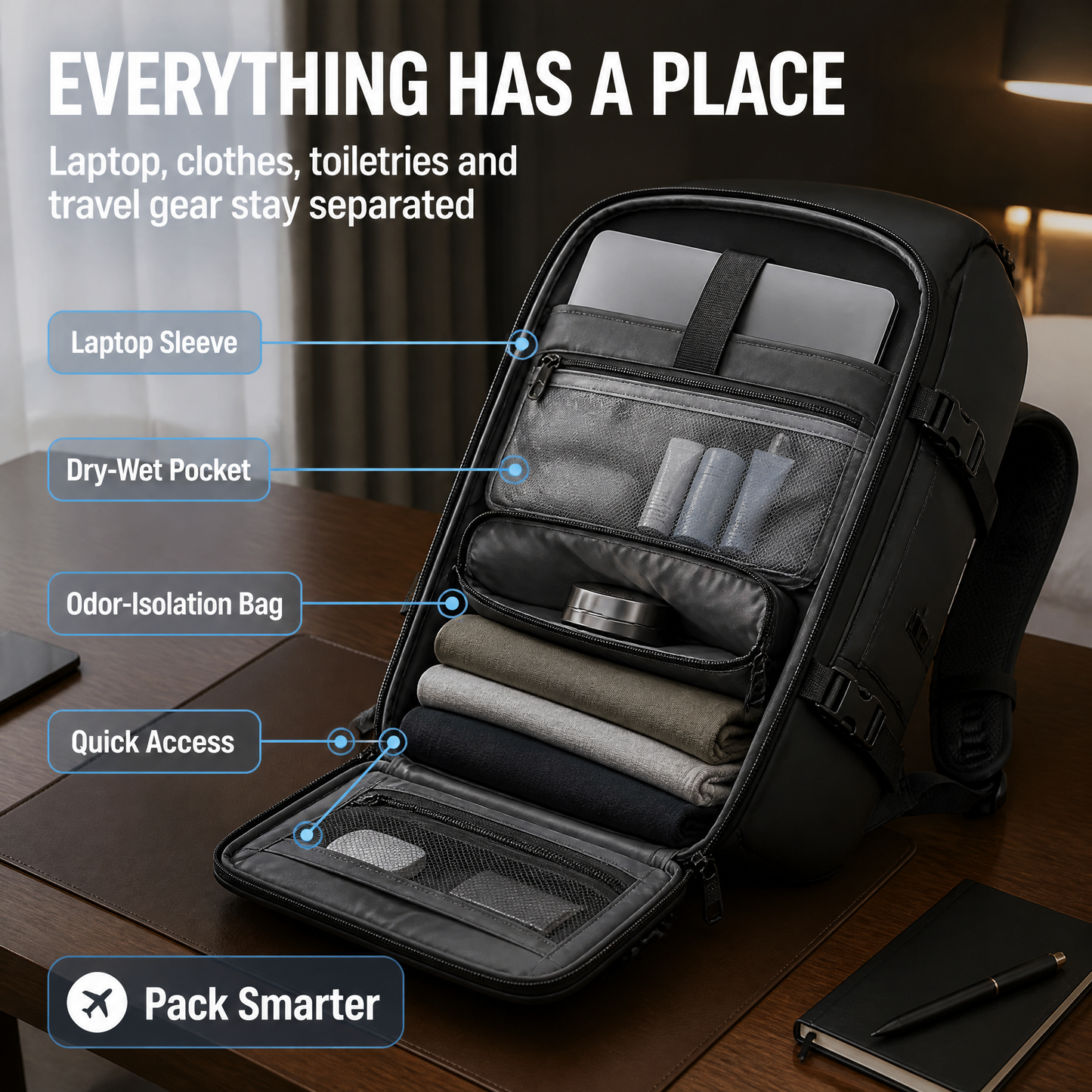AIRTRAVIA Air Original Travel Backpack | Waterproof Cabin-Approved Carry-On with Built-In Vacuum Compression & TSA Lock | Expandable Matte Black