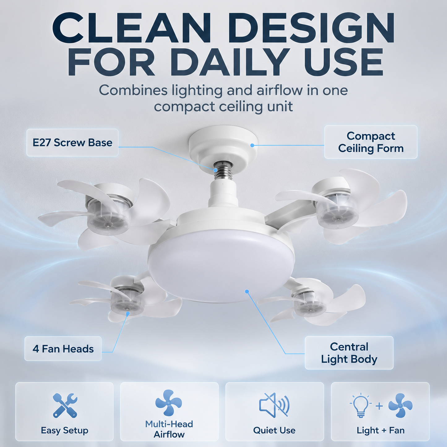 E27 Multi-Head Ceiling Fan Light – Powerful Silent Cooling Lamp for Home Spaces