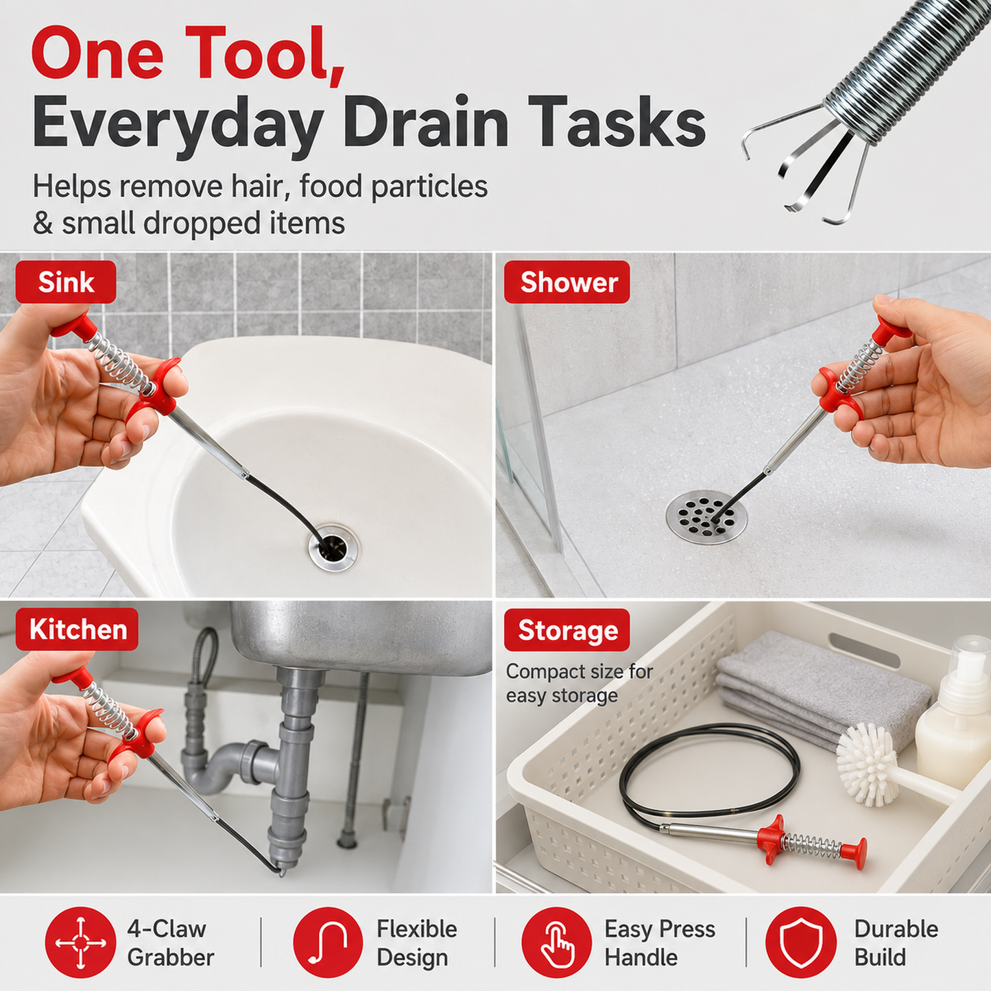 Four-Claw Flexible Drain Extractor – Precision Pipe Cleaning Tool & Claw Picker for Bathroom Sink, Shower & Kitchen Clogs – Easy-to-Use Home Maintenance Accessory