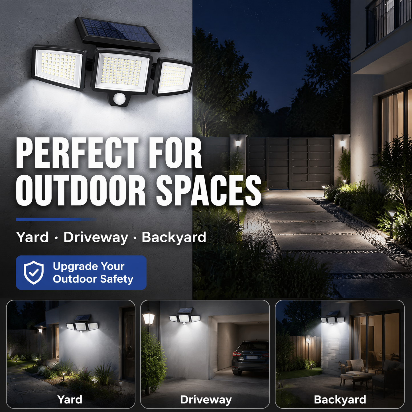 208-LED Solar Security Light – Triple-Head Motion-Sensor Outdoor Wall Lamp with Remote