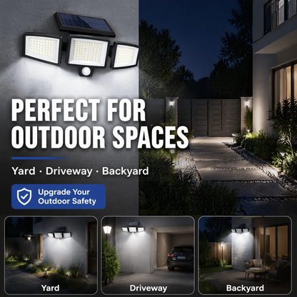 208-LED Solar Security Light – Triple-Head Motion-Sensor Outdoor Wall Lamp with Remote